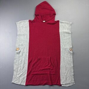 Fanfare Hooded Poncho Sweater Women's Medium Red Gray Button Sides Knit Pullover